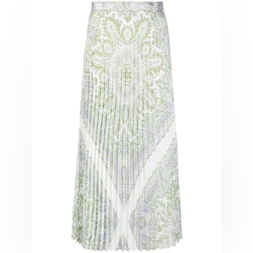 Elegant Green Paisley Pleated Silk Skirt